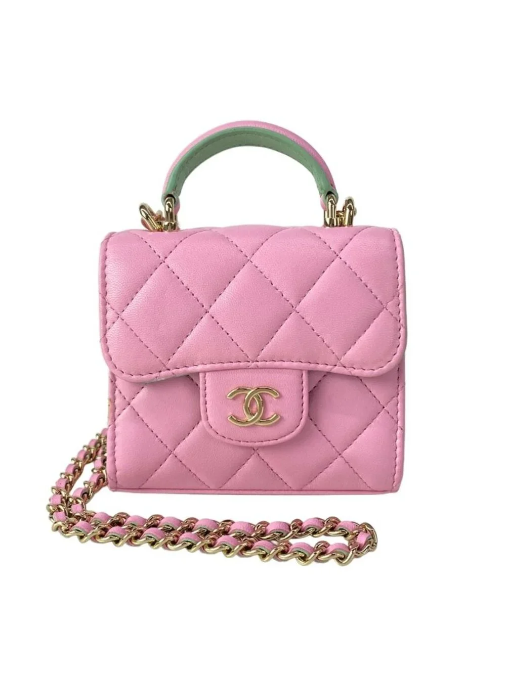 Chanel Shoulder Bag Quilted Chain Clutch Pink Light Green Lambskin